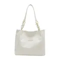 Large cream white woven texture tote bag with gold chain strap and metal logo plate - White