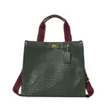 Dunkelgrüne Tote Bag aus geprägtem Leder mit weinroten Streifengriffen und Schloss - Groß / Grün