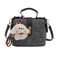 Grey tweed and black leather doctor bag with a cute plush dog charm and gold buckle - Black With Pendant