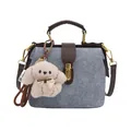 Blue denim and brown leather doctor bag with a cute plush puppy pendant and chain strap - Blue with Pendant