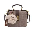 Brown tweed handbag with leather trim, golden metal clasp and plush dog charm - Khaki With Pendant