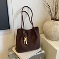 Deep brown faux suede tote bag with vintage beaded charm and long shoulder strap - Single Bag / Brown