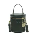 Dark green bucket bag featuring woven texture detail and golden metal hardware accent - Green