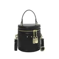 Chic black bucket bag with woven leather texture and elegant gold hardware accents - Black