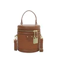Retro brown woven leather bucket bag with cylindrical shape and gold lock hardware - Brown