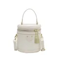 Creamy white woven texture bucket bag with gold lock charm and top handle - White