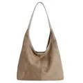 Chic light brown matte suede hobo shoulder bag for women with minimalist retro stitching - Dark Khaki