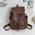 Vintage brown PU leather backpack with buckle straps and a cute plush bear pendant - With Charm / Tan