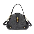 Bolso de tweed gris para mujer con ribete de cuero negro y hebilla de metal dorado - Negro