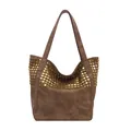 Sac cabas en daim marron avec rivets dorés et fines bandoulières pour femme - Marron