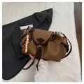 Vintage brown canvas bucket bag with leather trim and colorful beaded charm - With Pendant / Brown