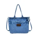 Blue denim tote bag with brown leather label and adjustable shoulder strap - Light Blue