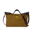 Close-up of brown suede shoulder bag with purple leather trim and gold metal buckle - Khaki