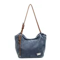Blue washed denim tote bag with brown thick rope handle and silver metal plaque - Light Blue