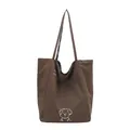 Dark brown tote bag with white dog graphic and Here is a Little dog text detail - Coffee