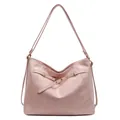 Minimalist light pink suede texture tote bag with golden metal ring buckle detail - Pink Leather