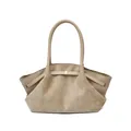 Beige suede tote bag with geometric pleats and slim leather handles in a minimalist style - Khaki