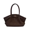 Deep brown faux suede tote bag with side wings and elegant square metal buckle detail - Brown