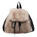Furry plush backpack in light brown featuring black drawstring and nylon straps - Khaki