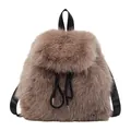 Chic khaki faux fur backpack for women featuring black nylon straps and drawstring - Tan