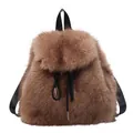 Plush faux fur backpack in dark brown with black drawstring closure and top handle - Dark Brown