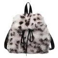 Leopard print plush backpack with black drawstring closure and faux fur texture - Leopard Pink
