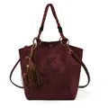 Vintage burgundy suede handbag with braided handles, tassels and embroidered bow detail - With Pendant / Burgundy