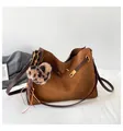 Bolso Kelly vintage de ante marrón con ribetes de cuero oscuro y amuleto de leopardo - Con Colgante / Gamuza Marrón