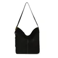 Dettaglio della grande borsa hobo in pelle scamosciata nera con cuciture a contrasto e fibbia d'oro - Nero