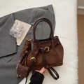 Deep brown matte bucket bag with drawstring detail and checkered silk scarf accent - No Pendant / Coffee