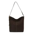 Dettaglio borsa tote in pelle scamosciata marrone scuro con cuciture bianche e fibbia oro - Marrone