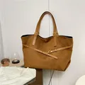 Brown suede tote bag with large capacity, featuring double handles and gold hardware - Brown