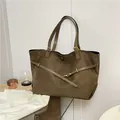 Retro large coffee brown faux suede tote bag with leather straps and metal hardware - Green