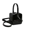 Chic black patent leather square handbag with top handle and embossed lettering - Black