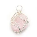 Close-up of handmade rose quartz pendant with intricate silver wire wrapping detail - Rose Quartz