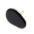 Close-up of teardrop black agate ring with polished gold metal adjustable band - 18.00g / Adjustable / Black Agate