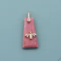 Pink trapezoid natural stone pendant with gold bee charm and diamond-set bail - Rhodonite
