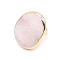 Adjustable gold ring featuring a large oval pink rose quartz gemstone on a white background - 18.00g / Adjustable / Rose Quartz