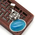 Gourd-shaped tiger eye stone pendant with vintage filigree and blue chalcedony stone - Blue Agate