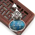 Gourd-shaped natural stone pendant with blue azurite texture and silver filigree detail - Blue Crazy Agate