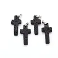 Set of four natural black volcanic lava stone cross pendants with silver metal bails - 20x45mm