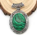 Vintage oval green malachite stone pendant with hollow silver filigree frame - 47x73mm / Malachite