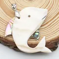 Pendentif dauphin fait main en nacre blanche avec incrustation de nacre abalone - Style Ovale