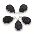 Set of 5 teardrop natural black lava rock pendants with silver-plated metal edging - 15x24mm / Teardrop