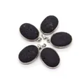 Set of five oval black lava stone pendants with polished silver metal edging and bails - 20x30mm / Oval