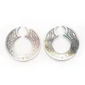 Pair of carved black shell round pendants with iridescent mother of pearl tribal patterns - Notched Ring (033)
