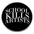 School Kills Artists metal enamel pin badge with bold white text on black background - School Kills Artists (A8)