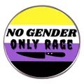 Pin redondo Non-binary Pride con texto No Gender Only Rage e icono de una daga - Estilo Daga No Binaria