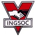 INGSOC enamel pin from 1984 featuring black and white handshake logo on red V background - Black