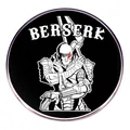 Detailed close-up of Berserk Guts metal badge with silver rim on black background - Black Character Illustration Style (Style 2)
